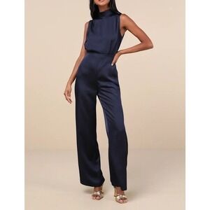 NWT Lulus Classic Elegance Navy Blue Satin Sleeveless Mock Neck Jumpsuit Small